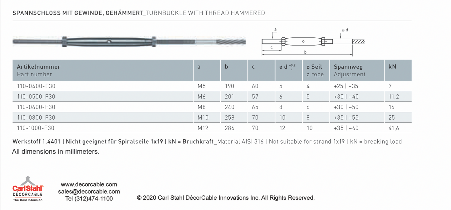 Carl Stahl I-SYS stainless steel Carl Stahl Turnbuckle with thread, hammered, RH thread M8