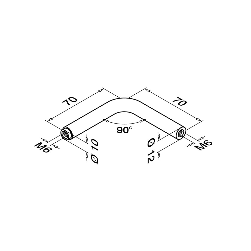 Q-railing porankio laikiklio virinama detalė 90° Ø12 70 mm, su M6 sriegiu MOD 0816
