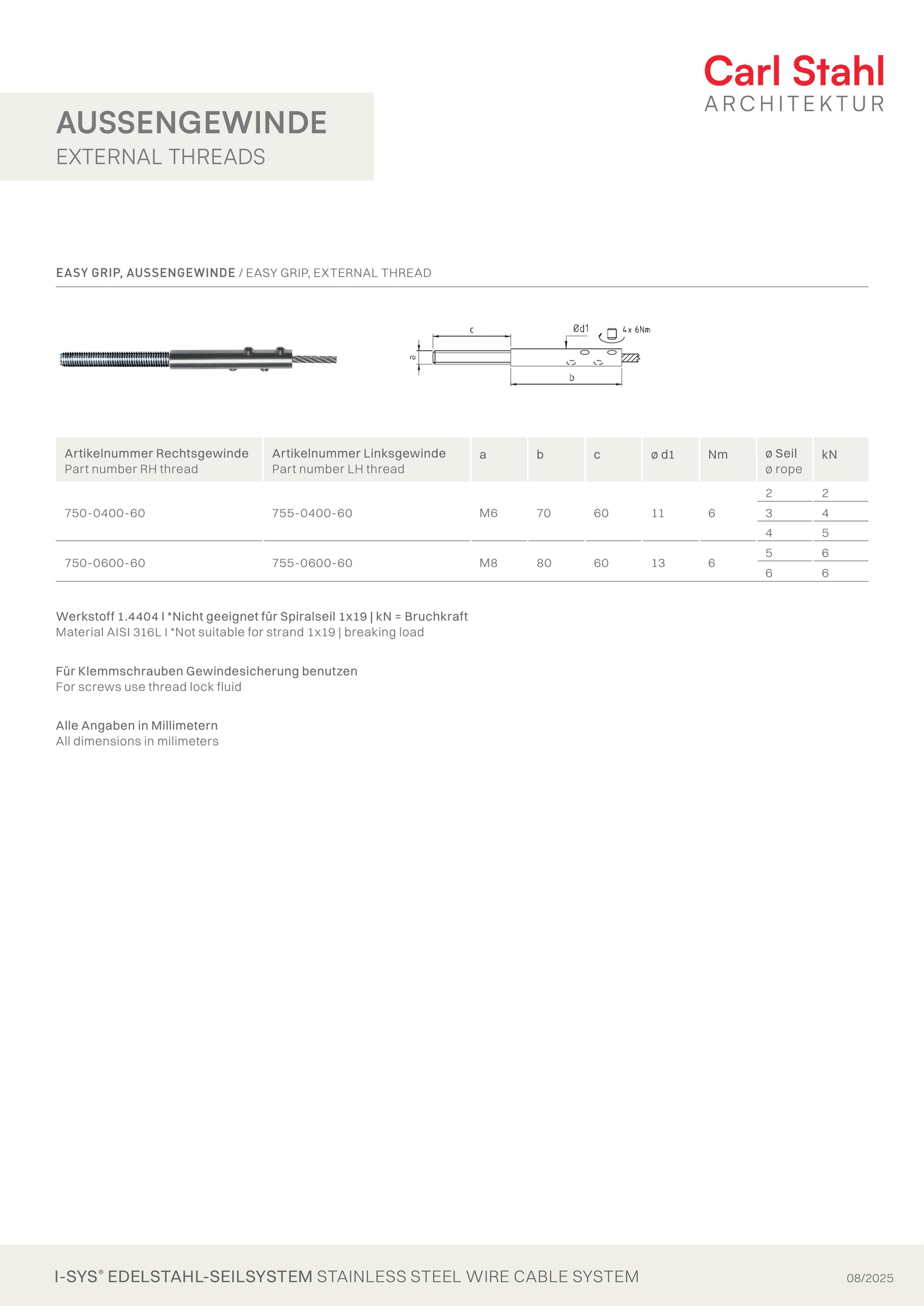 Carl Stahl I-SYS stainless steel Carl Stahl Easy Grip external thread, Lefth. ML6x60, rope Ø 2 - 4 mm