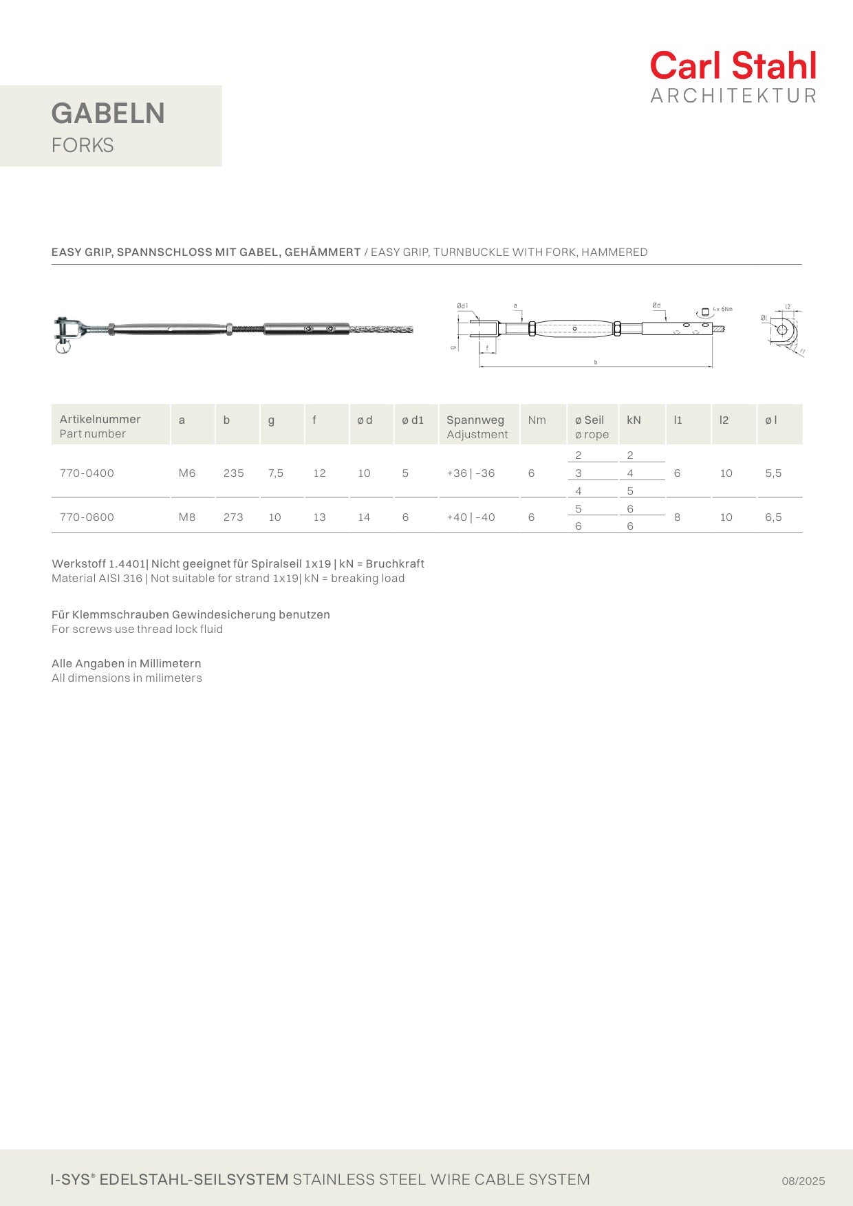 Carl Stahl Easy Grip turnbuckle with fork 770