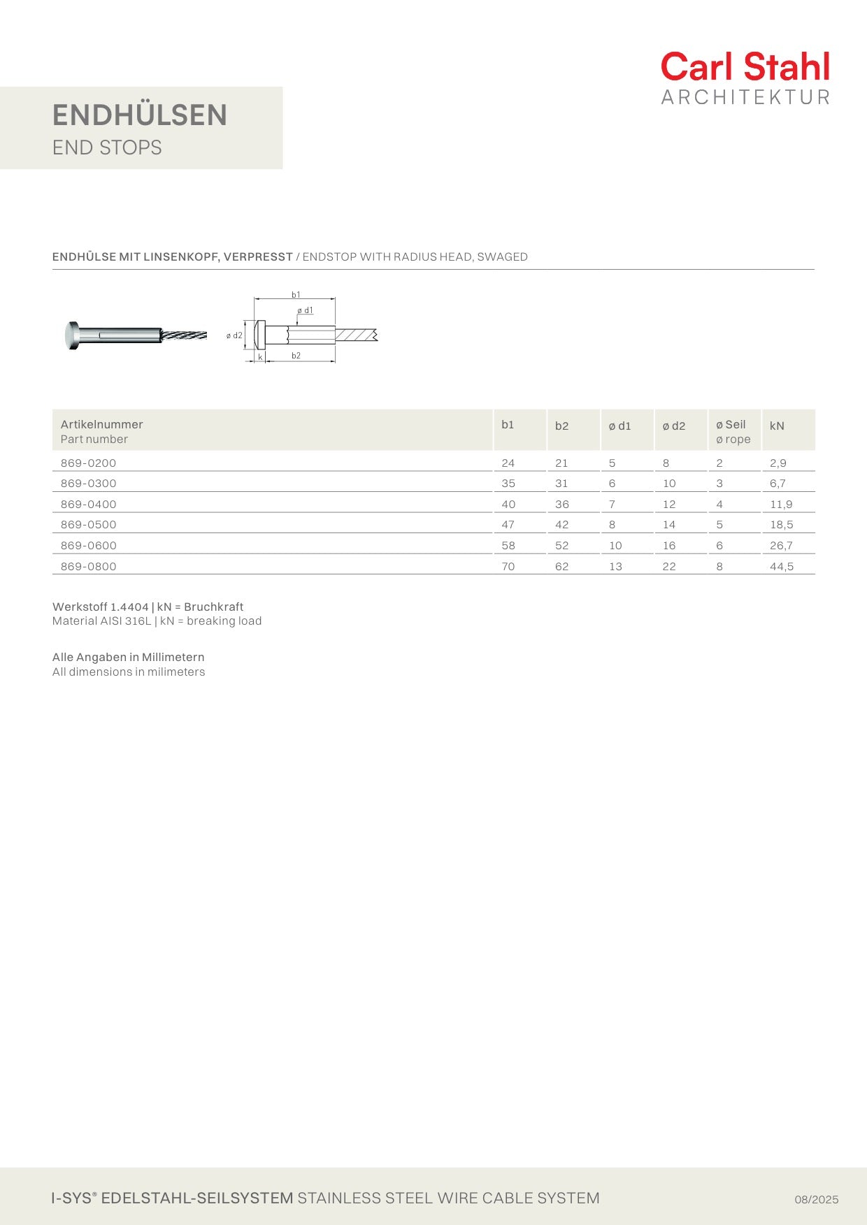 Carl Stahl End stop with radius head, swaged 869
