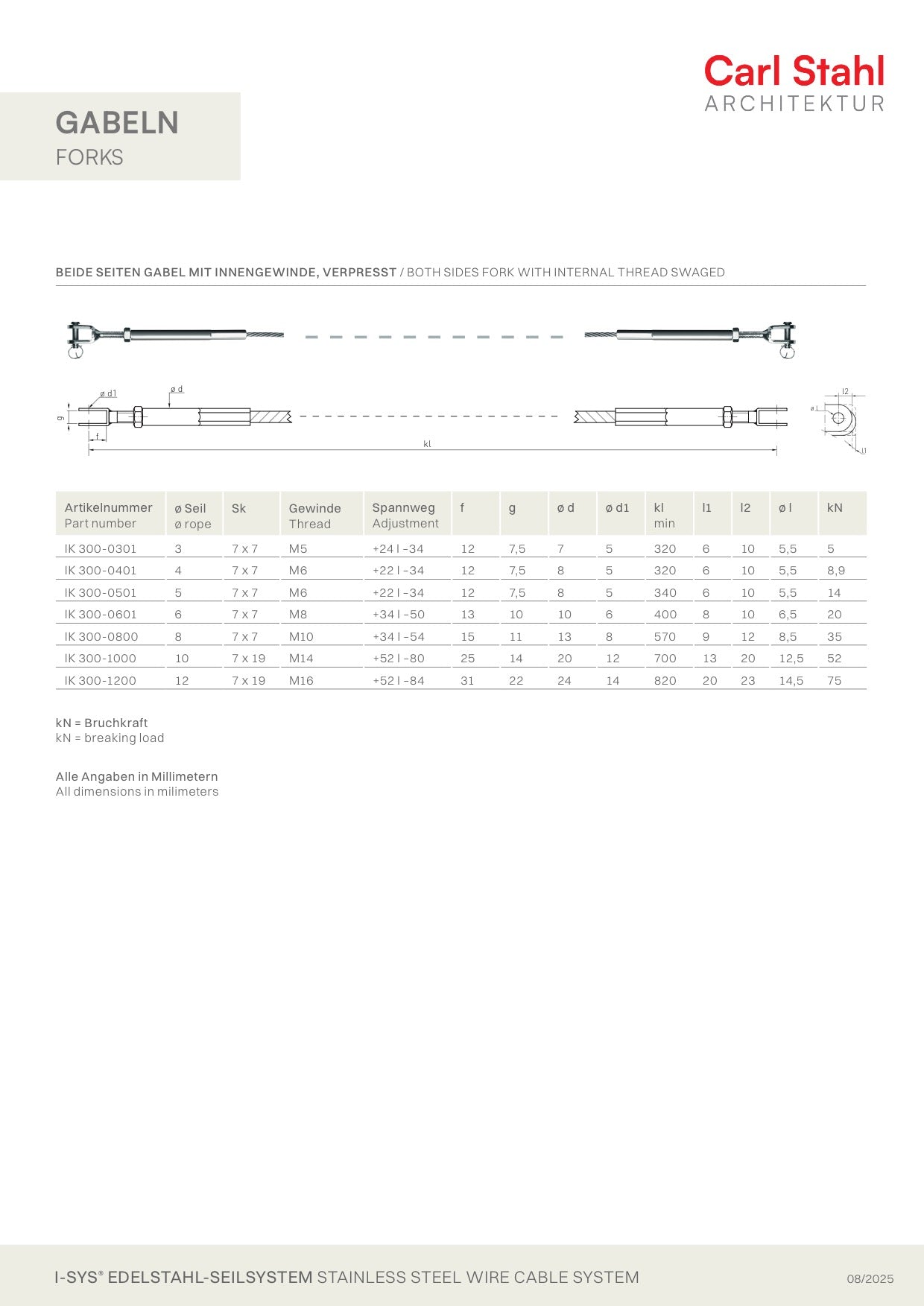 Carl Stahl I-SYS Stainless steel rope with both sides fork IK300