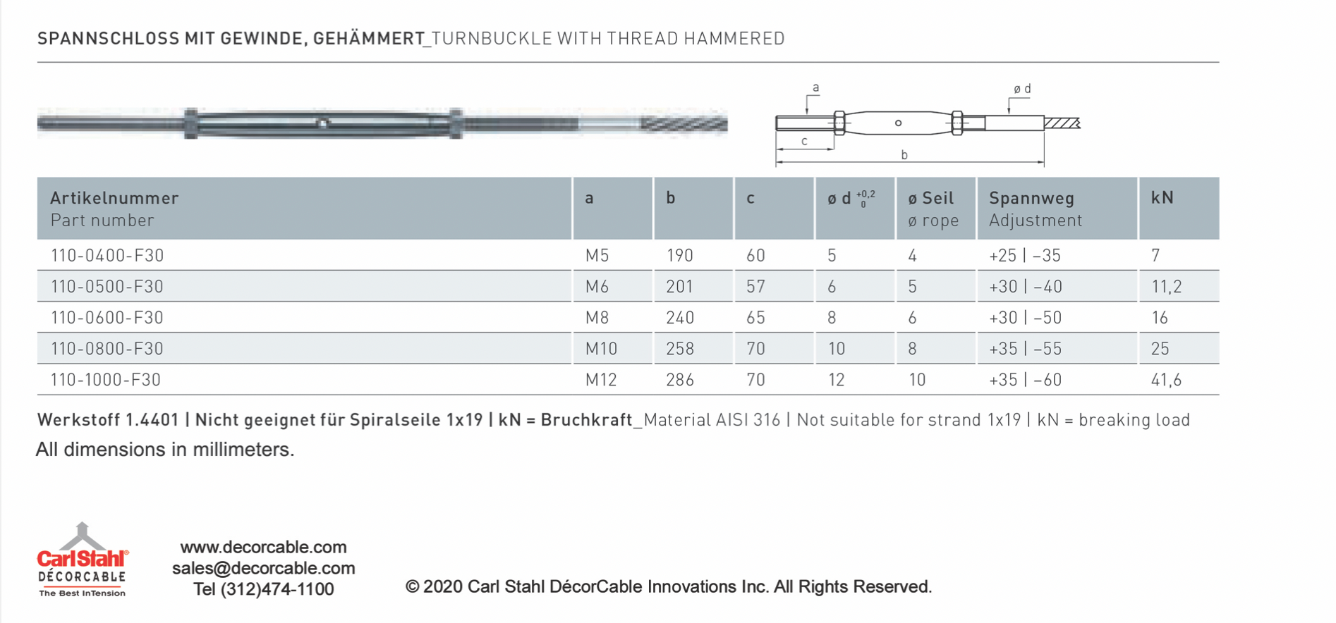 Carl Stahl I-SYS stainless steel Carl Stahl Turnbuckle with thread, hammered, RH thread M8
