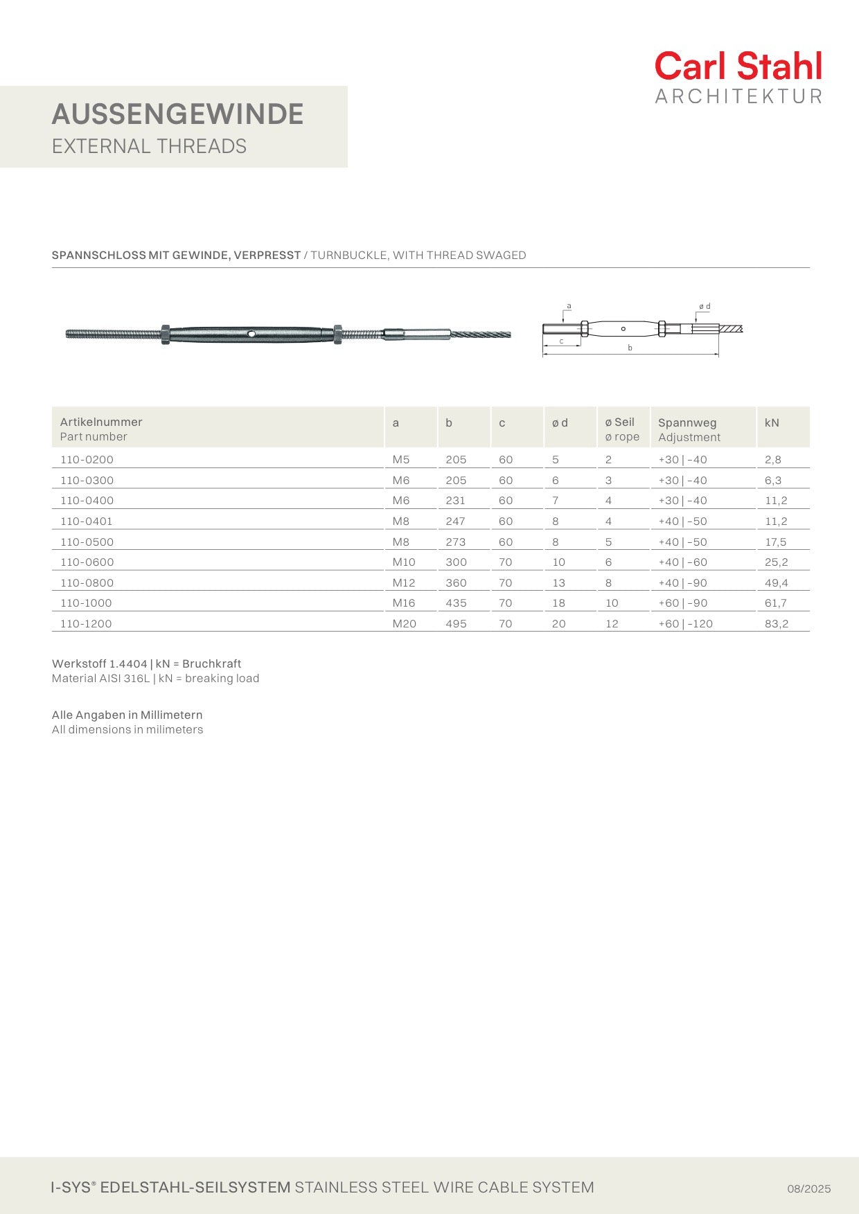 Carl Stahl I-SYS stainless steel Carl Stahl Turnbuckle with thread, swaged, RH thread M6