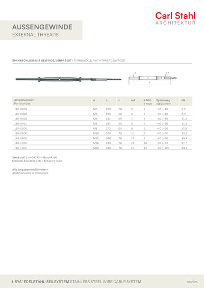 Carl Stahl I-SYS stainless steel Carl Stahl Turnbuckle with thread, swaged, RH thread M6