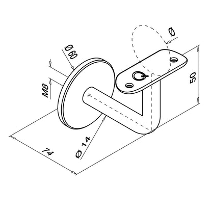 Q-railing sieninis porankio laikiklis M8 MOD 0111 vamzdžiui: Ø42,4 mm, ner. plienas AISI 304, šlifuotas pav.