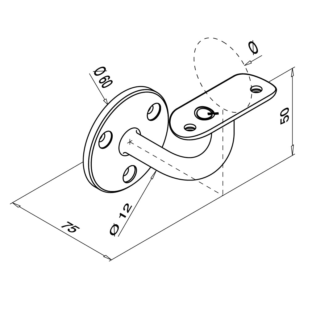 Q-railing sieninis porankio laikiklis MOD 0112 vamzdžiui: Ø42,4 mm, ner. plienas AISI 304, šlifuotas pav., poliruotas blizgus pav.