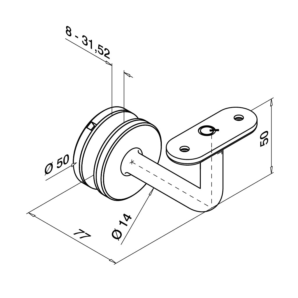 Q-railing Porankio laikiklis tvirtinamas į stiklą Q-line, MOD 0117 ner. plien. AISI304, šlifuotas pav.