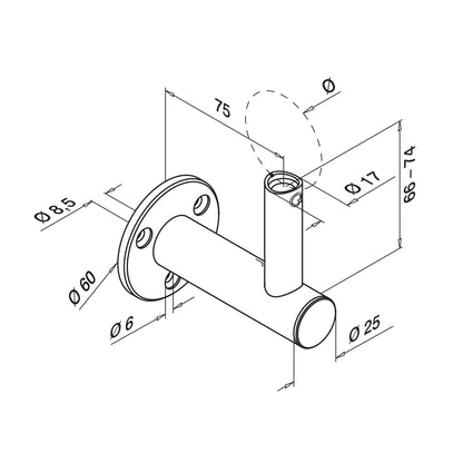 Q-railing reguliuojamas sieninis porankio laikiklis MOD 0142 vamzdžiui: Ø42,4 / Ø48,3 mm, ner. plienas AISI 304, šlifuotas pav.