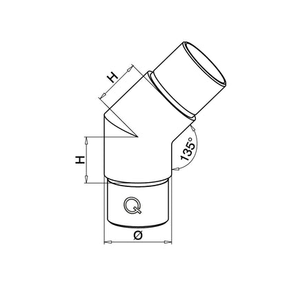 Q-railing kampas 45° MOD 0300 vamzdžiui: Ø42,4×2 mm, ner. plienas AISI 304, šlifuotas pav.
