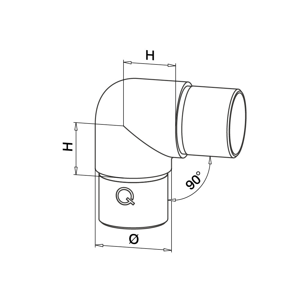 Q-railing Alkūnė 90° MOD 0303 vamzdžiui Ø48,3x2,6 mm, ner. plienas AISI 304, šlifuotas pav.
