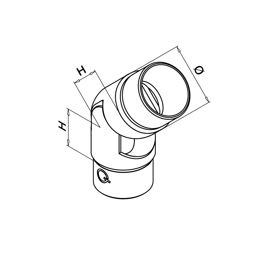 Q-railing reguliuojama alkūnė 0–70° MOD 0312 vamzdžiui: Ø33x2 mm, ner. plienas AISI 304, šlifuotas pav.