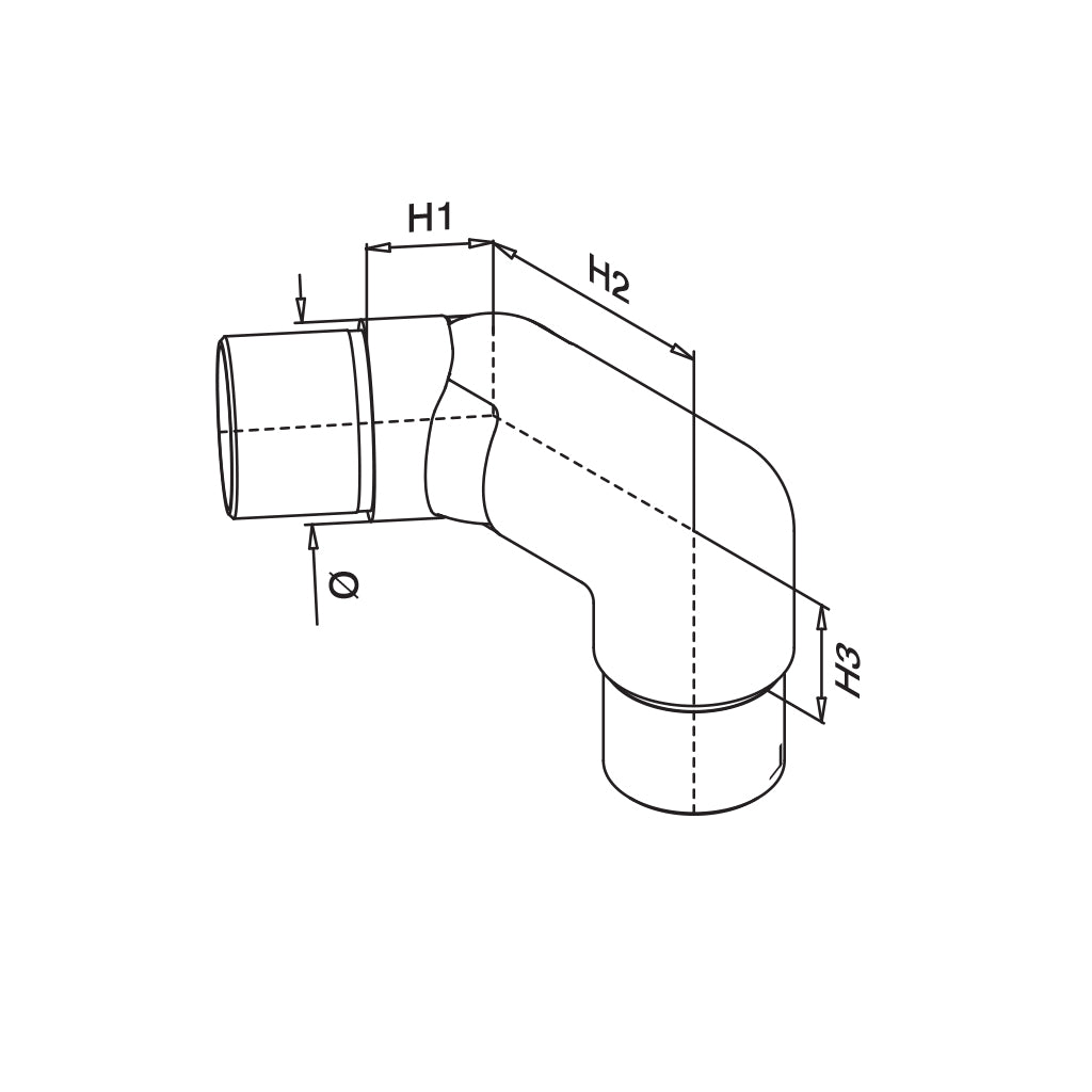 Q-railing reguliuojama kampinė alkūnė (Donwards left/Downwards righ) MOD 0317 vamzdžiui Ø42,4x2 mm, ner. plienas AISI 304, šlifuotas pav.