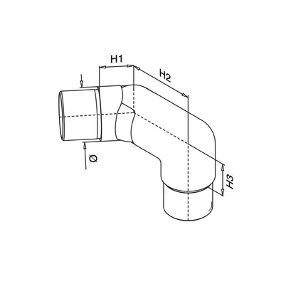 Q-railing reguliuojama kampinė alkūnė (Donwards left/Downwards righ) MOD 0317 vamzdžiui Ø48,3x2 mm, ner. plienas AISI 304, šlifuotas pav.