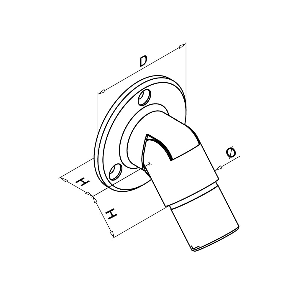 Q-railing reguliuojamas sieninis flanšas 0–50° Ø33,7x2 mm porankiui MOD 0506 vamzdžiui Ø33.7x2 mm, ner. plienas AISI 304, šlifuotas pav.