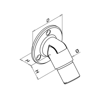 Q-railing reguliuojamas sieninis flanšas 0–50° Ø33,7x2 mm porankiui MOD 0506 vamzdžiui Ø48,3x2 mm, ner. plienas AISI 304, šlifuotas pav.