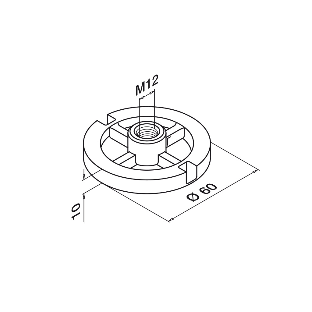 Q-railing pagrindo flanšo dangtelis Ø60 mm su M12 sriegiu montavimui ant laiptų MOD 0731