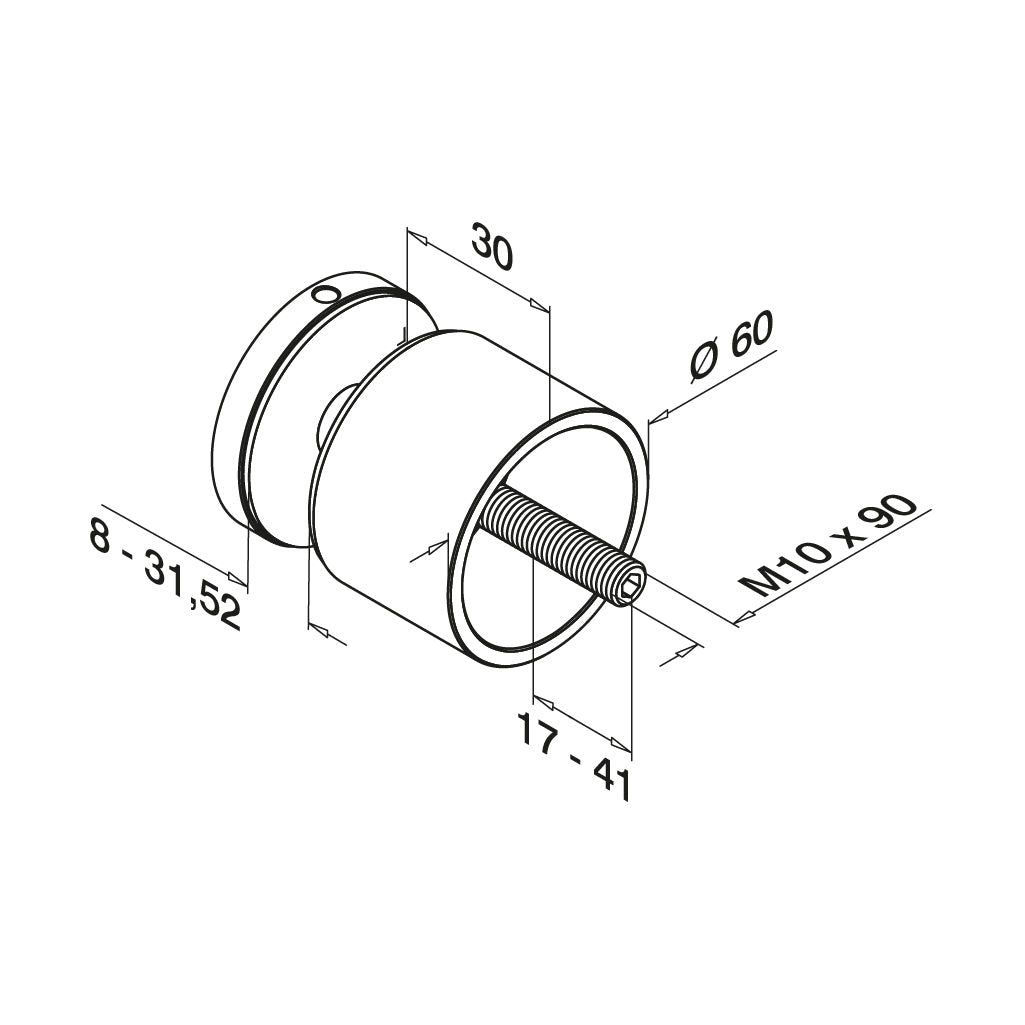 Q-railing EASY GLASS taškinis stiklo laikiklis Ø60 mm, M10 MOD 0745 atitraukimas: 30 mm; ner. plien. AISI304, šlifuotas pav.
