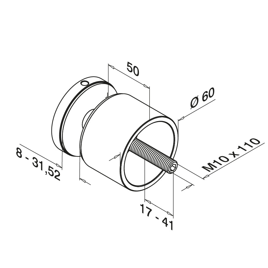 Q-railing EASY GLASS taškinis stiklo laikiklis Ø60 mm, M10 MOD 0745 atitraukimas: 50 mm; ner. plien. AISI304, šlifuotas pav.