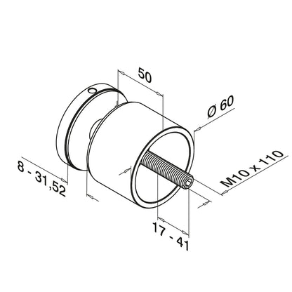 Q-railing EASY GLASS taškinis stiklo laikiklis Ø60 mm, M10 MOD 0745 atitraukimas: 50 mm; ner. plien. AISI304, šlifuotas pav.