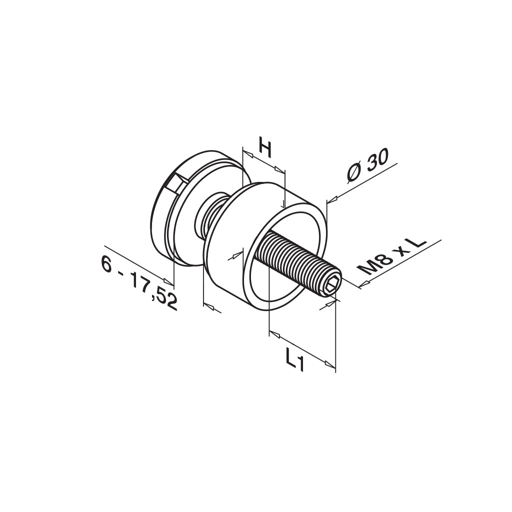 Q-railing Taškinis stiklo laikiklis Ø30 mm su atitraukimu 15/20/30 mm MOD 0746 ner. plienas 30 mm atitraukimas, ner. plien. AISI304, šlifuotas pav.