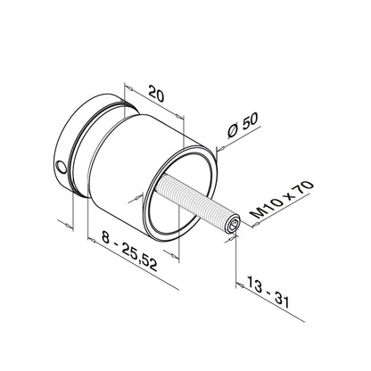 Q-railing EASY GLASS taškinis stiklo laikiklis Ø50 mm MOD 0747 atitraukimas: 20 mm; ner. plien. AISI304, šlifuotas pav.