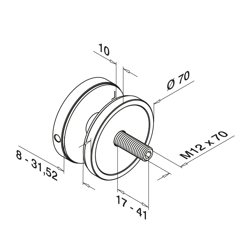 Q-railing EASY GLASS taškinis stiklo laikiklis Ø70 mm MOD 0748 atitraukimas: 10 mm; ner. plien. AISI304, šlifuotas pav.