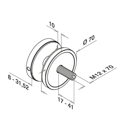 Q-railing EASY GLASS taškinis stiklo laikiklis Ø70 mm MOD 0748 atitraukimas: 10 mm; ner. plien. AISI304, šlifuotas pav.