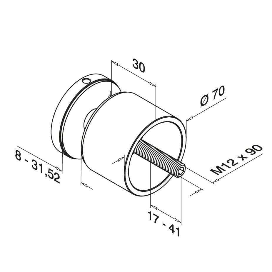 Q-railing EASY GLASS taškinis stiklo laikiklis Ø70 mm MOD 0748 atitraukimas: 30 mm; ner. plien. AISI304, šlifuotas pav.