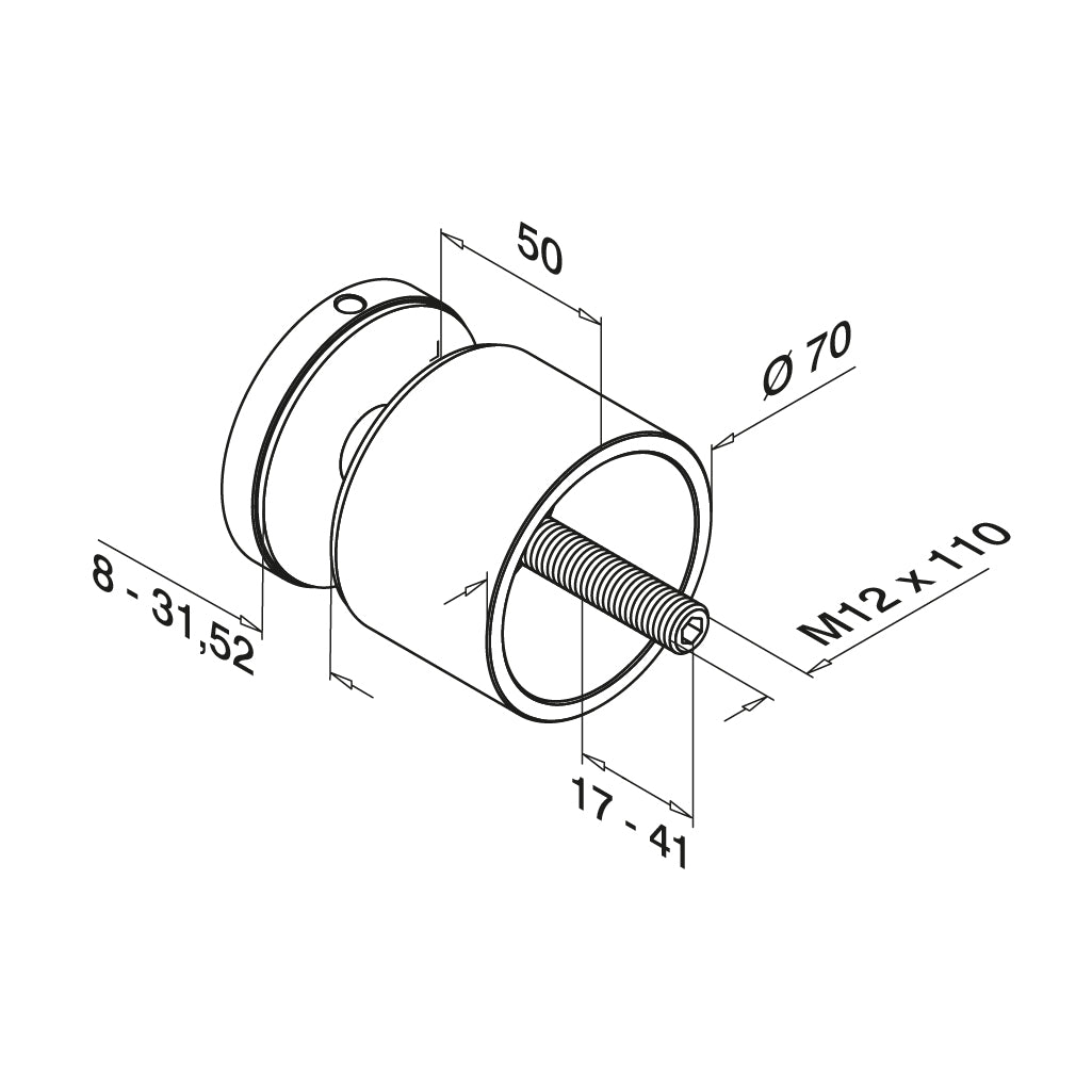 Q-railing EASY GLASS taškinis stiklo laikiklis Ø70 mm MOD 0748 atitraukimas: 50 mm; ner. plien. AISI316, poliruotas blizgus paviršius