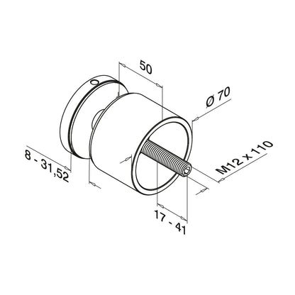 Q-railing EASY GLASS taškinis stiklo laikiklis Ø70 mm MOD 0748 atitraukimas: 50 mm; ner. plien. AISI316, poliruotas blizgus paviršius