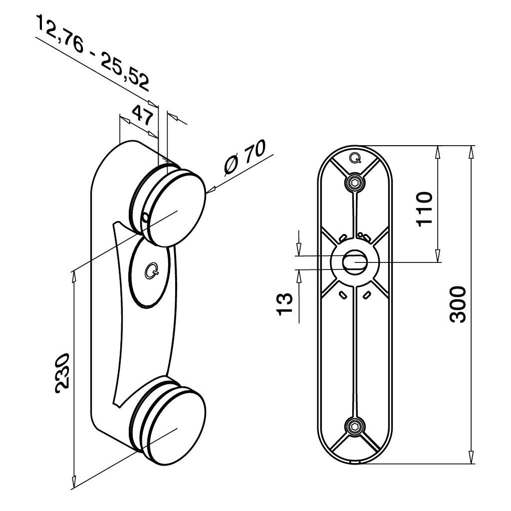 Q-railing EASY GLASS dvigubas stiklo laikiklis 300 mm MOD 0760