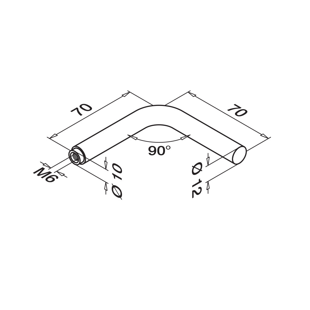 Q-railing porankio laikiklio virinama detalė 90° Ø12 70 mm, su M6 sriegiu MOD 0813