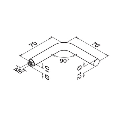 Q-railing porankio laikiklio virinama detalė 90° Ø12 70 mm, su M6 sriegiu MOD 0813