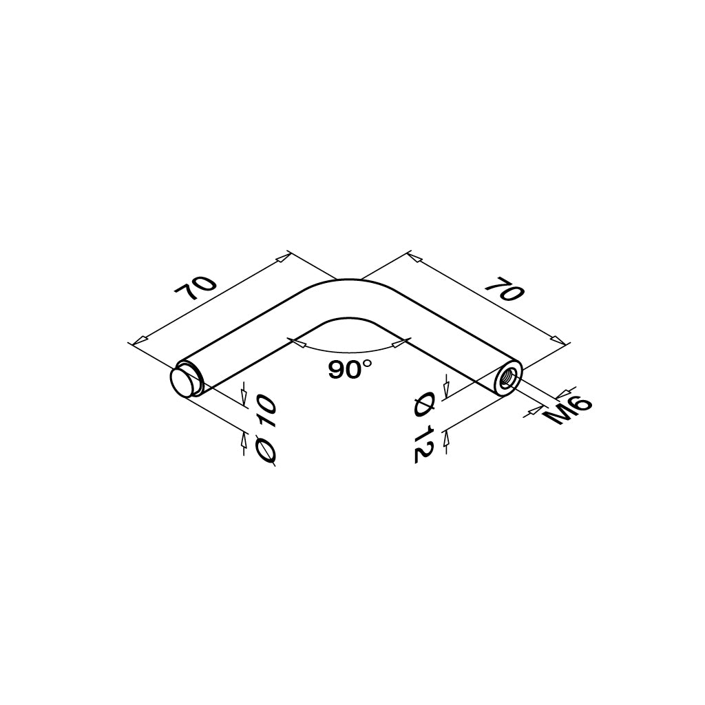 Q-railing porankio laikiklio virinama detalė 90° Ø12 70 mm, su M6 sriegiu MOD 0814