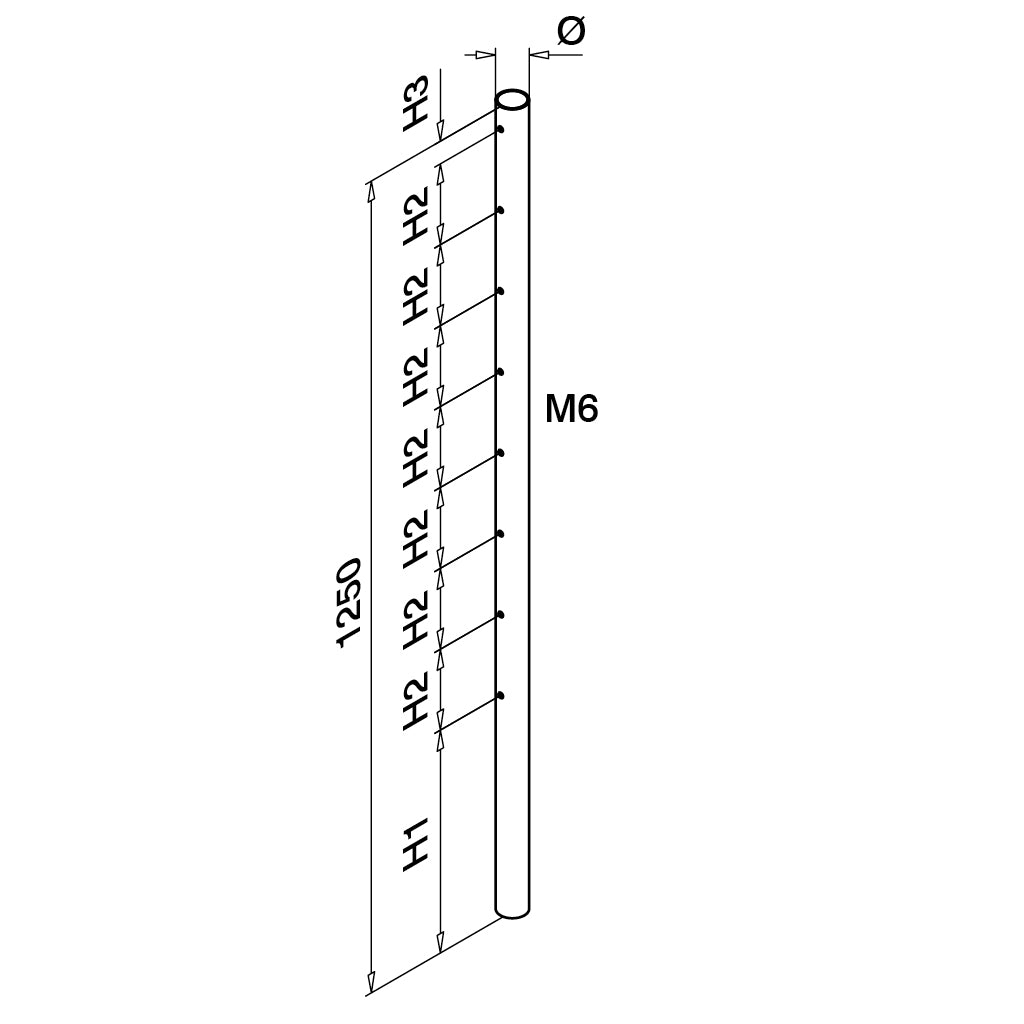 Q-railing Ø42,4x2 vamzdis 1250 mm M6 vienpusis MOD 0935 horizontaliam strypui, ner. plienas AISI 304, šlifuotas paviršius