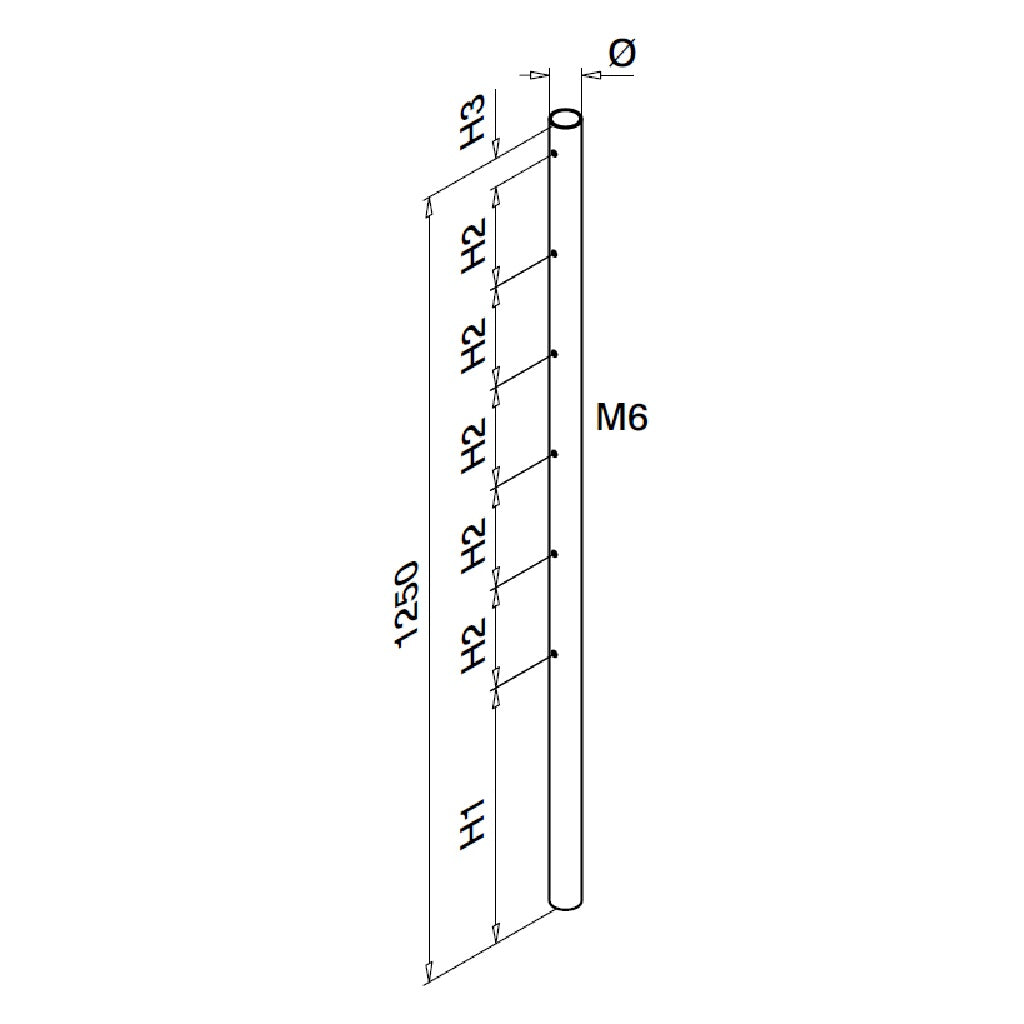 Q-railing Ø42,4x2 vamzdis 1250 mm M6 vienpusis MOD 0935 įstrižam strypui (laiptams), ner. plienas AISI 304, šlifuotas paviršius