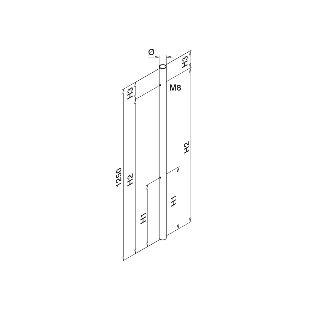 Q-railing Ø42,4x2 vamzdis 1250 mm M6 vienpusis MOD 0935 stiklo laikikliai iš dviejų pusių (tiesūs), ner. plienas AISI 304, šlifuotas paviršius