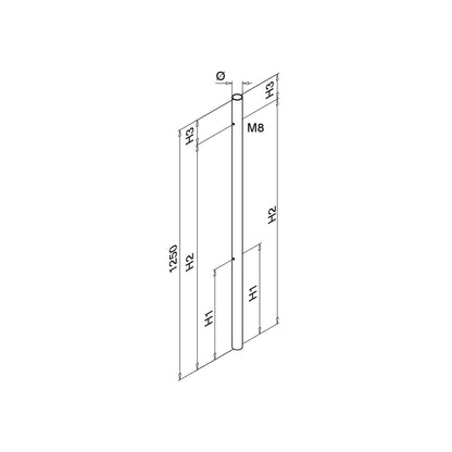 Q-railing Ø42,4x2 vamzdis 1250 mm M6 vienpusis MOD 0935 stiklo laikikliai iš dviejų pusių (tiesūs), ner. plienas AISI 304, šlifuotas paviršius