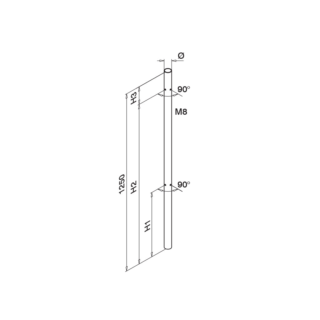 Q-railing Ø42,4x2 vamzdis 1250 mm M6 vienpusis MOD 0935 stiklo laikikliai iš dviejų pusių (90°), ner. plienas AISI 304, šlifuotas paviršius