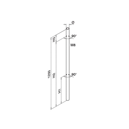 Q-railing Ø42,4x2 vamzdis 1250 mm M6 vienpusis MOD 0935 stiklo laikikliai iš dviejų pusių (90°), ner. plienas AISI 304, šlifuotas paviršius