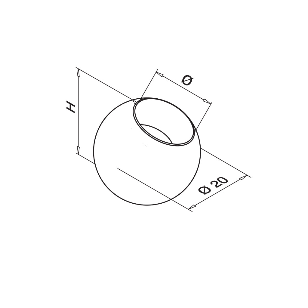 Q-railing užbaigimo rutulys Ø20 mm Ø12 mm strypui MOD 1221 ner. plienas AISI 304, šlifuotas pav.