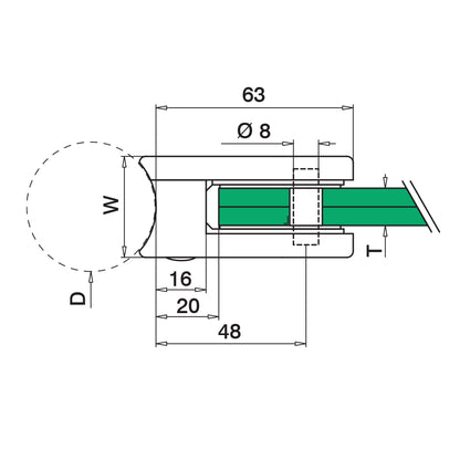Q-railing stiklo laikiklis prie apvalaus vamzdžio MOD 2500 Ø48,3 mm, ner. plienas AISI 304, šlifuotas pav.