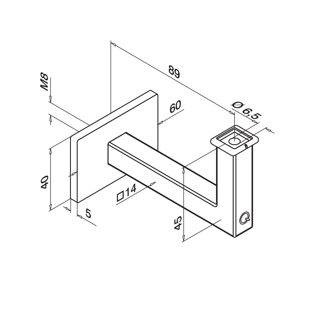 Q-railing porankio laikiklis sienai su M8 sriegiu stačiakampiui vamzdžiui MOD 4111 ner. plienas AISI 304, šlifuotas paviršius