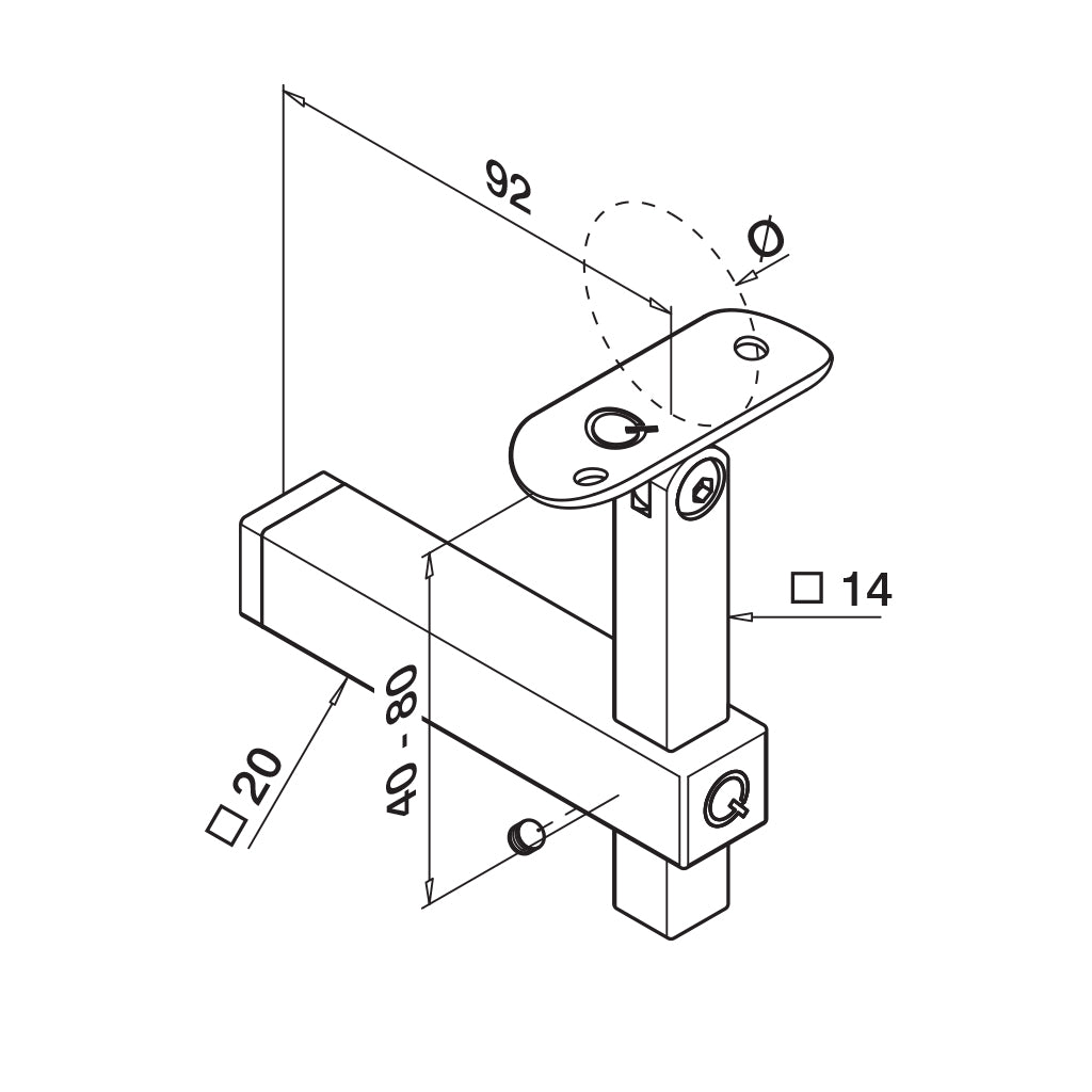 Q-railing reguliuojamas turėklo laikiklis Square Line vamzdžiui Ø42,4 mm MOD 4133