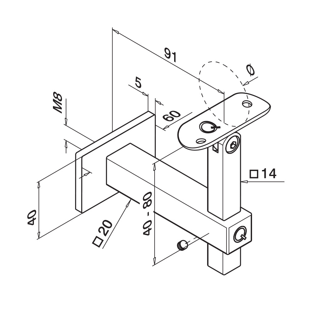 Q-railing reguliuojamas turėklo laikiklis vamzdžiui Ø42,4 mm MOD 4145