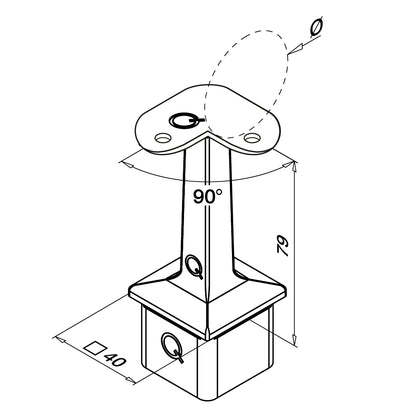 Q-railing kampinis turėklo laikiklis 40×40×2 mm MOD 4710 vamzdžiui Ø42,4 mm, 90°, ner. plienas AISI 304, šlifuotas paviršius