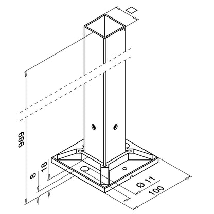 Q-railing turėklo stovas 40×40×2 mm H=989 mm, su M8 sriegiu MOD 4972 kampinis (skylės 90°), ner. plienas AISI 304, šlifuotas paviršius
