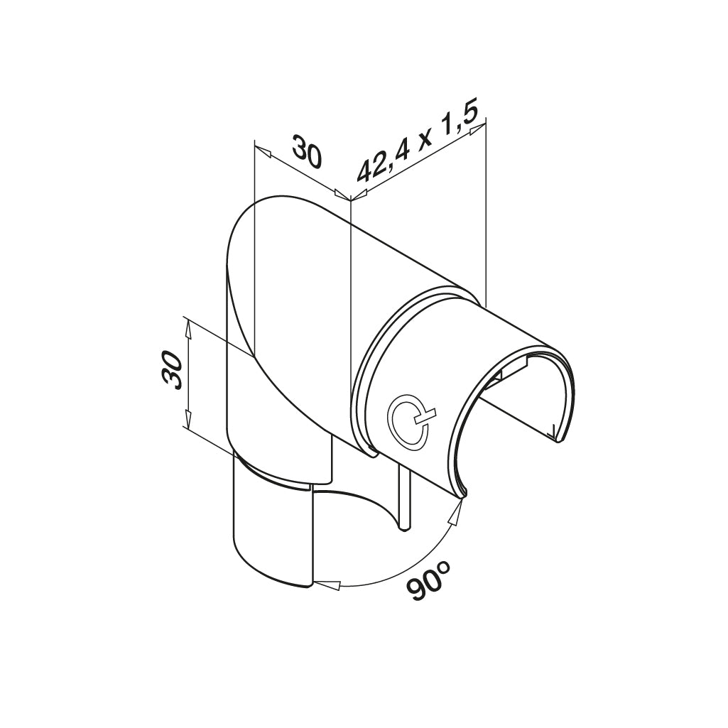 Q-railing porankio ant stiklo alkūnė 90°, vertikali, MOD 6303 vamzdis Ø42.4 mm, ner. plien. AISI304 šlifuotas pav.