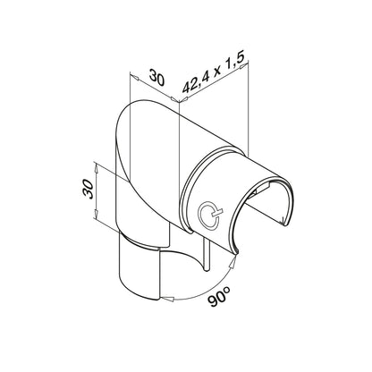 Q-railing porankio ant stiklo alkūnė 90°, vertikali, MOD 6303 vamzdis Ø42.4 mm, ner. plien. AISI304 šlifuotas pav.